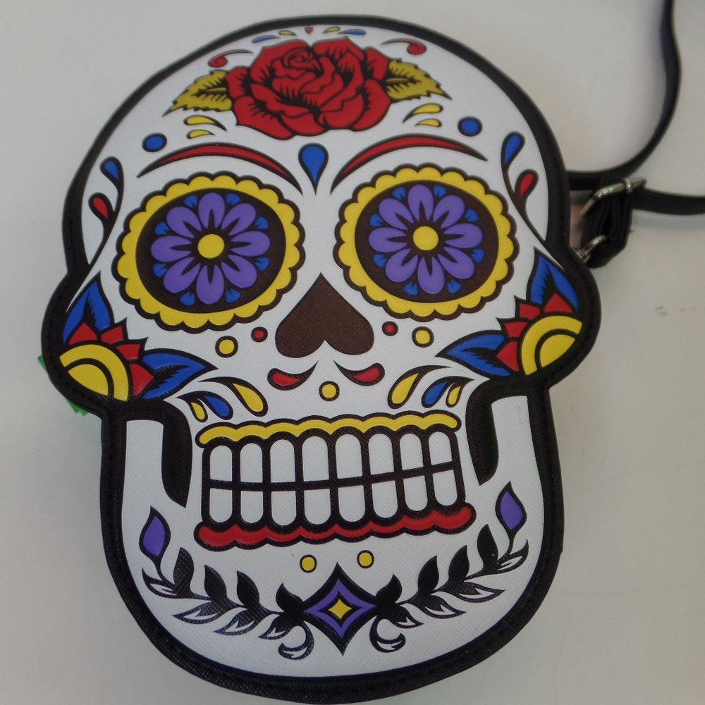 Brand New Colorful Sugar Skull Crossbody Bag Adj Strap  10"T X 7" WX 3" Depth